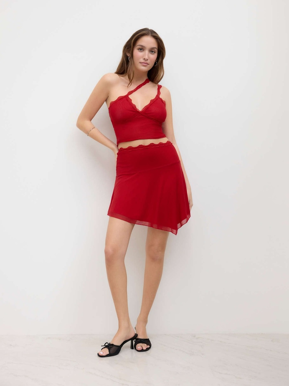 NWT- SET - L - Cider Red Lace-Trim Asymmetric Camisole & Skirt